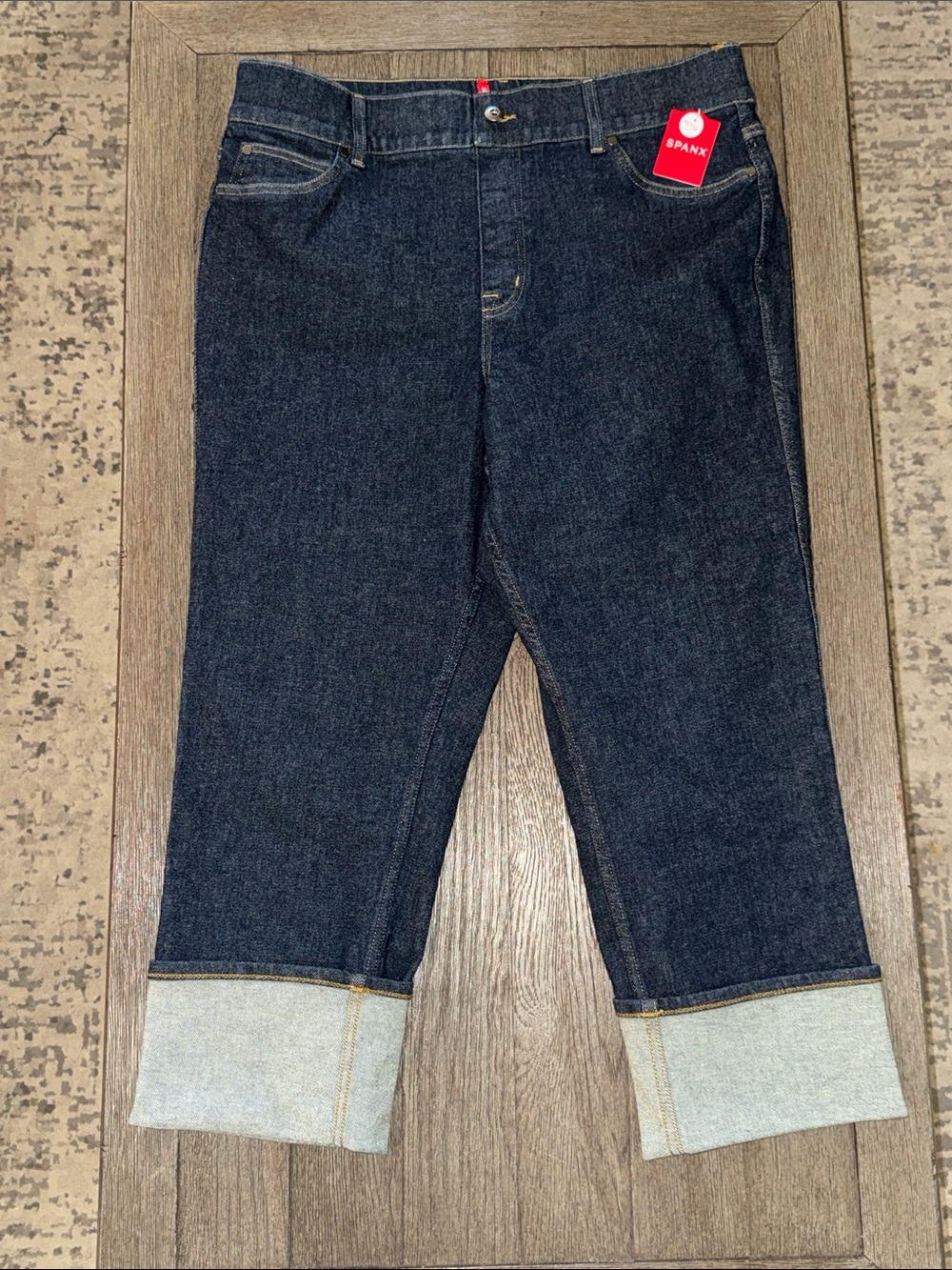 Spanx Cuffed Straight Leg Denim Jeans Raw Indigo NWT 2XP